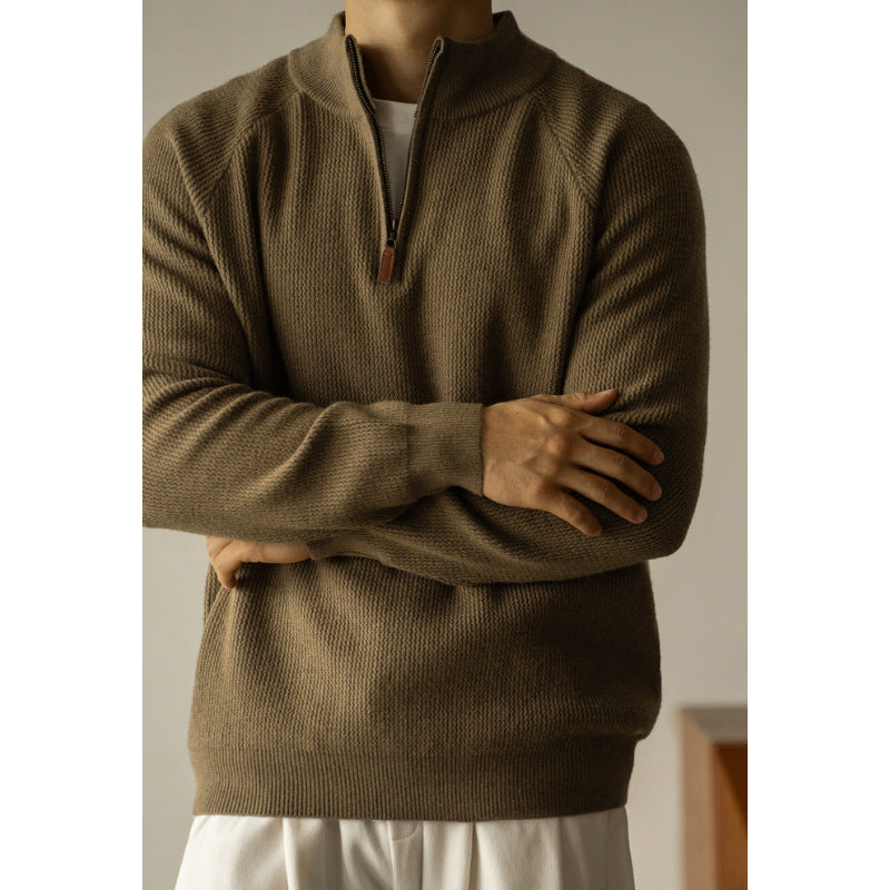 Machine Washable Wool Men's Warm Half Turtleneck Zipper Sweater