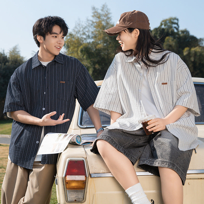 Retro Casual Texture Contrast Color Striped Shirt