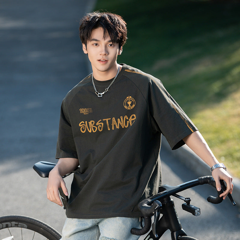 Retro Contrast Color Hand Painted Letter Print Short-sleeve