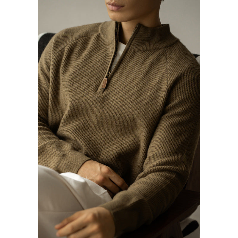 Machine Washable Wool Men's Warm Half Turtleneck Zipper Sweater