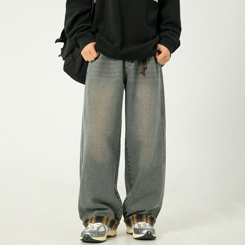 Casual Plaid Stitching Washed Jeans New