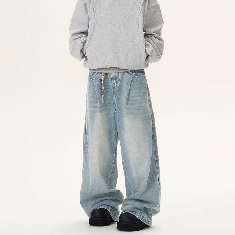 Retro Side Double Oblique Pleated Washed Blue Jeans For Men And Women