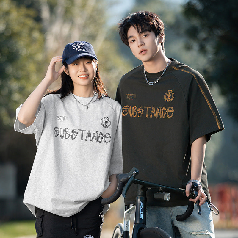 Retro Contrast Color Hand Painted Letter Print Short-sleeve