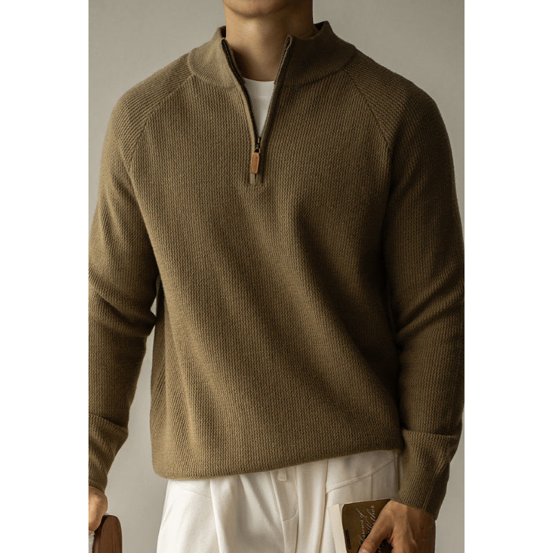 Machine Washable Wool Men's Warm Half Turtleneck Zipper Sweater