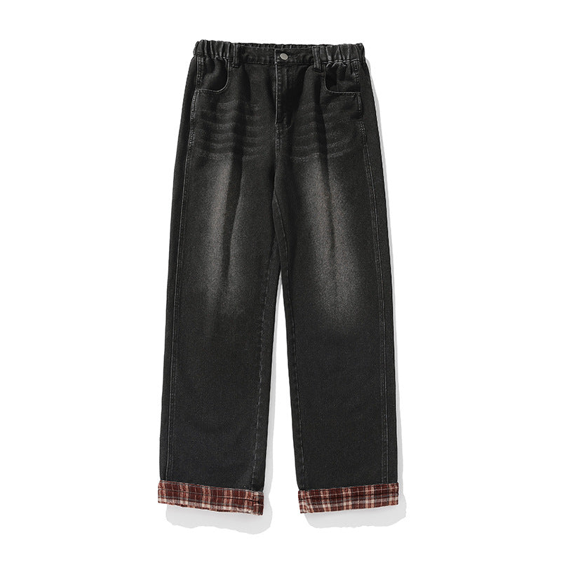 Casual Plaid Stitching Washed Jeans New