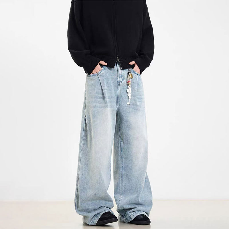 Retro Side Double Oblique Pleated Washed Blue Jeans For Men And Women