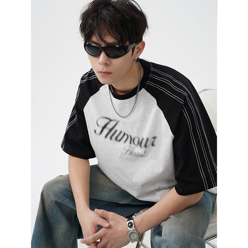 Retro Contrast Color Bright Line Raglan Sleeve Short Sleeve T-shirt Men's Summer New