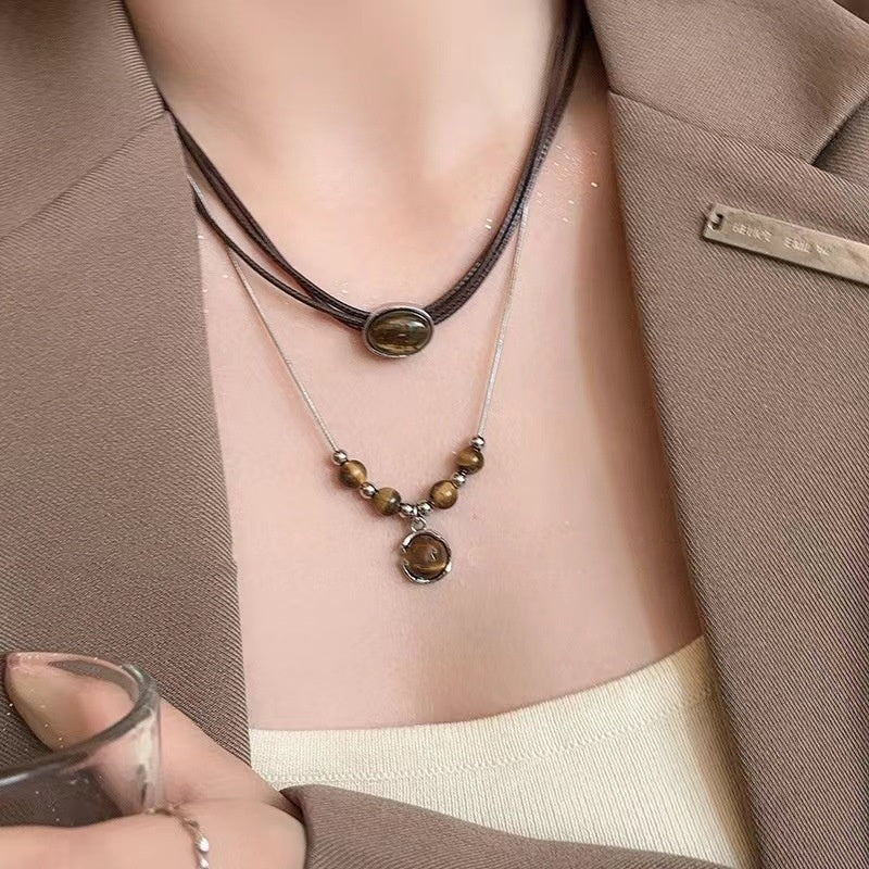 Women's Chinese Retro Leather Tiger Eye Necklace