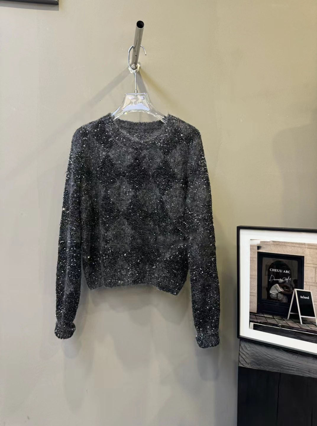Bead Yarn Rhombus Jacquard Crew Neck Pullover Sweater