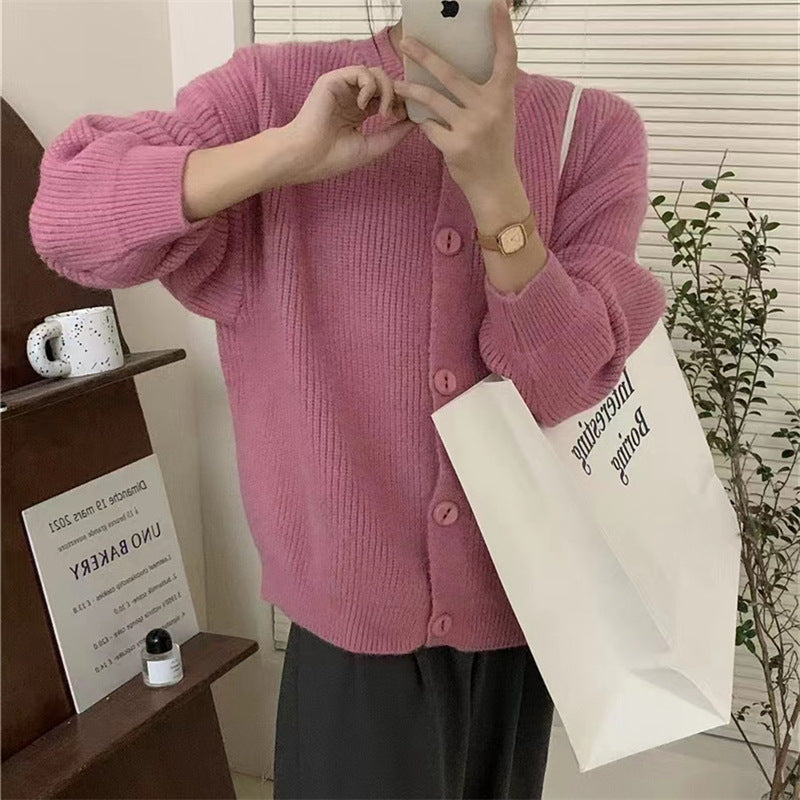 Korean Style Lazy Style Solid Color Single-breasted Knitted Cardigan
