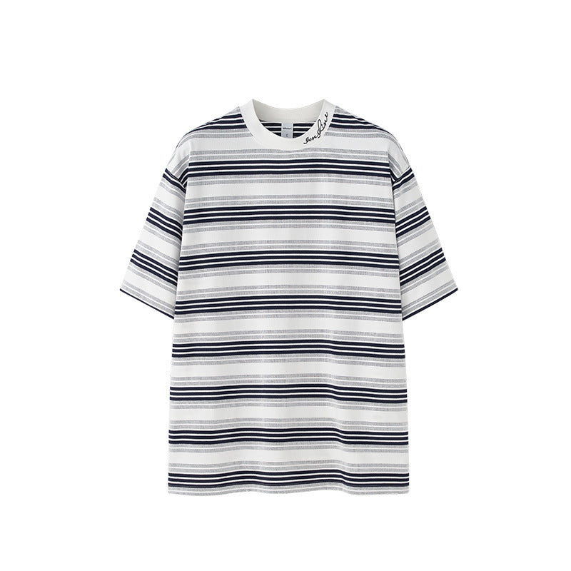 Men's Striped T-shirt Fine Woven Plaid Loose Street Embroidery