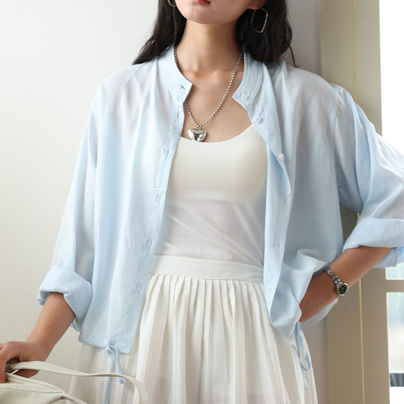 Tencel Linen Stand Collar Shirt Light Thin And Loose Button Top