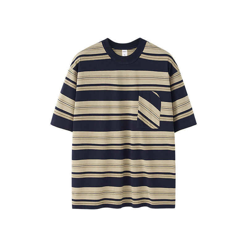 Striped Pocket T-shirt American Style Loose Short Sleeve