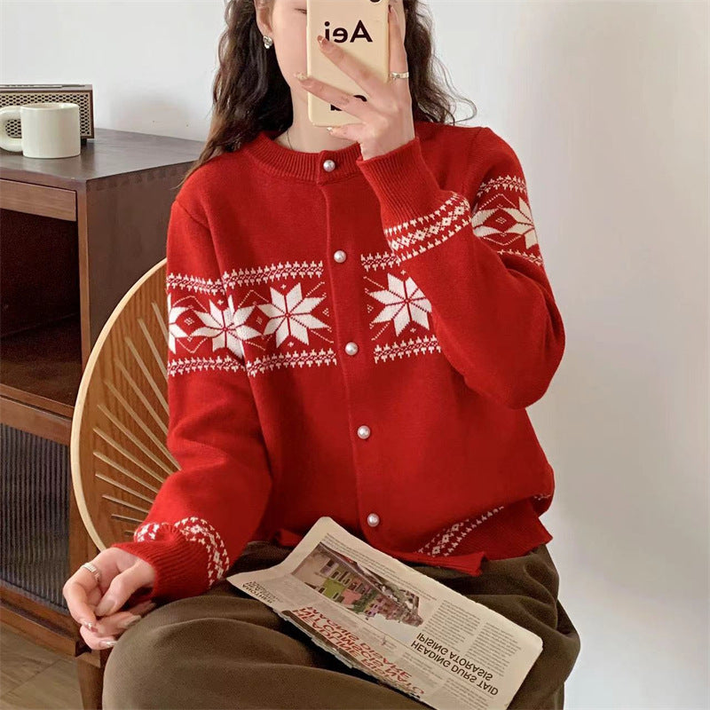 Women's Korean-style Contrasting Color Jacquard Knitted Cardigan