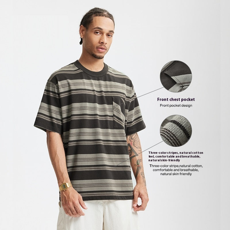 Striped Pocket T-shirt American Style Loose Short Sleeve