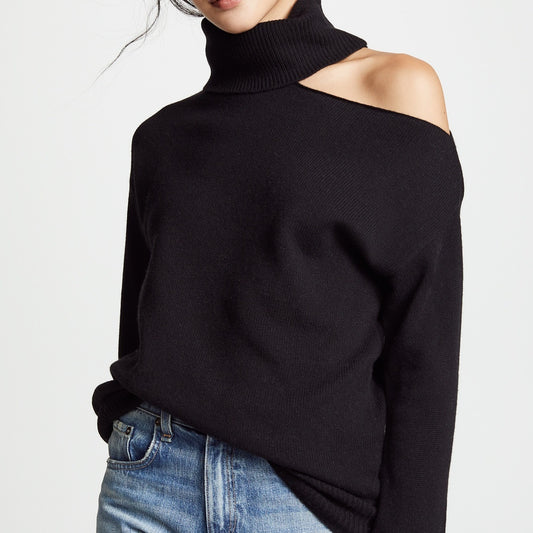 Solid Color Two Lapel Off-shoulder Sexy Women's Sweater