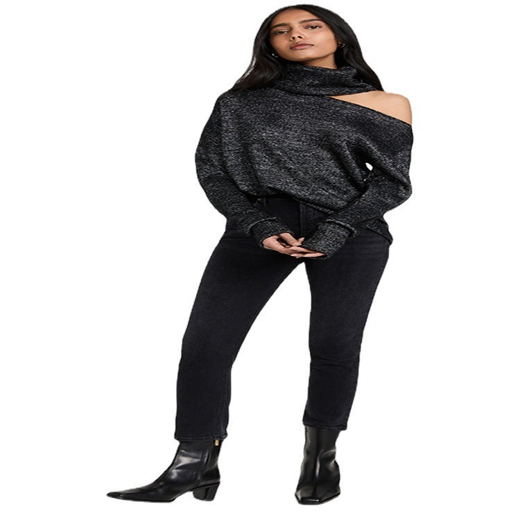 Solid Color Two Lapel Off-shoulder Sexy Women's Sweater