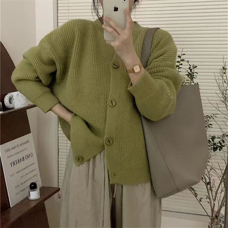 Korean Style Lazy Style Solid Color Single-breasted Knitted Cardigan