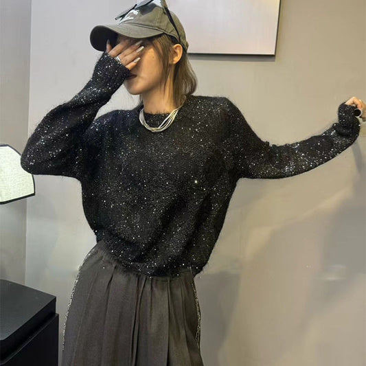 Bead Yarn Rhombus Jacquard Crew Neck Pullover Sweater