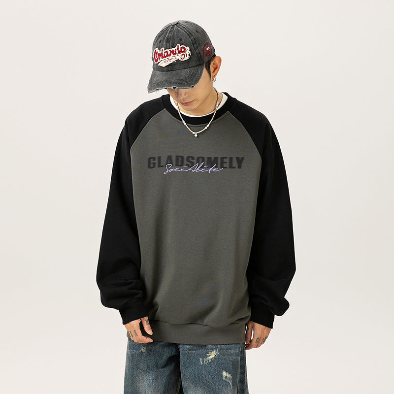 Color Contrast Patchwork Raglan Sleeve Round Neck Sweater Men's Autumn And Winter American Style