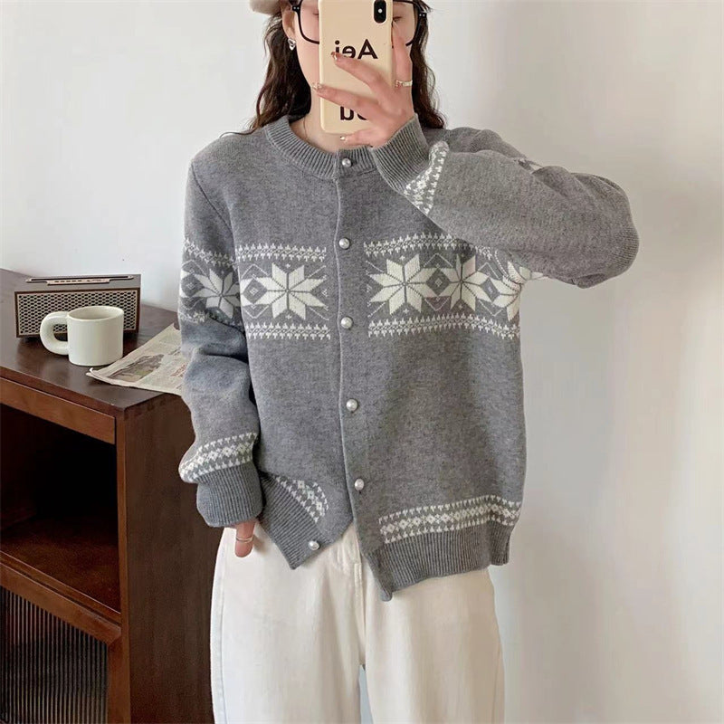 Women's Korean-style Contrasting Color Jacquard Knitted Cardigan