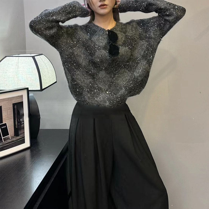 Bead Yarn Rhombus Jacquard Crew Neck Pullover Sweater