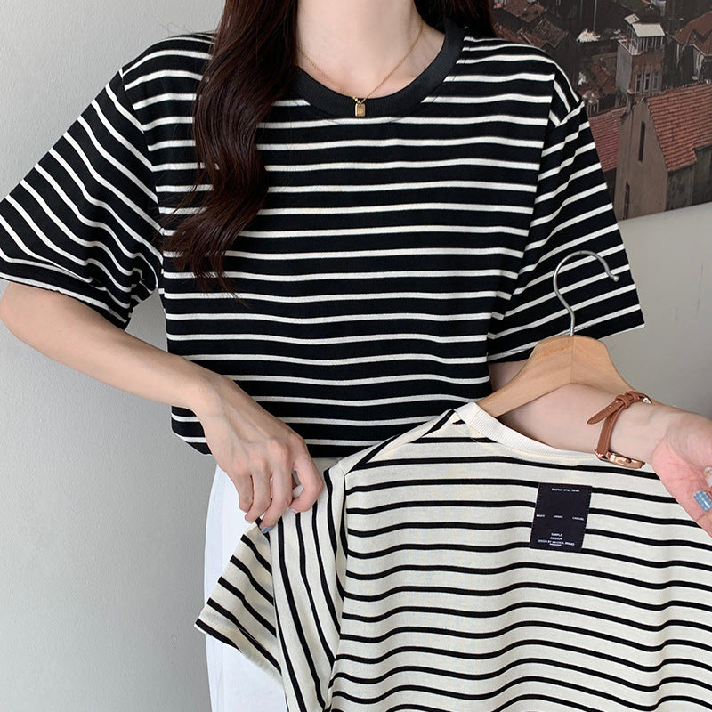 New Korean Style Back Patch Striped Short-sleeved Women's T-shirt