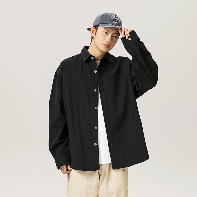 Textured Stone Washed Cotton Long-sleeved Shirt Autumn Retro Split Stitching Design