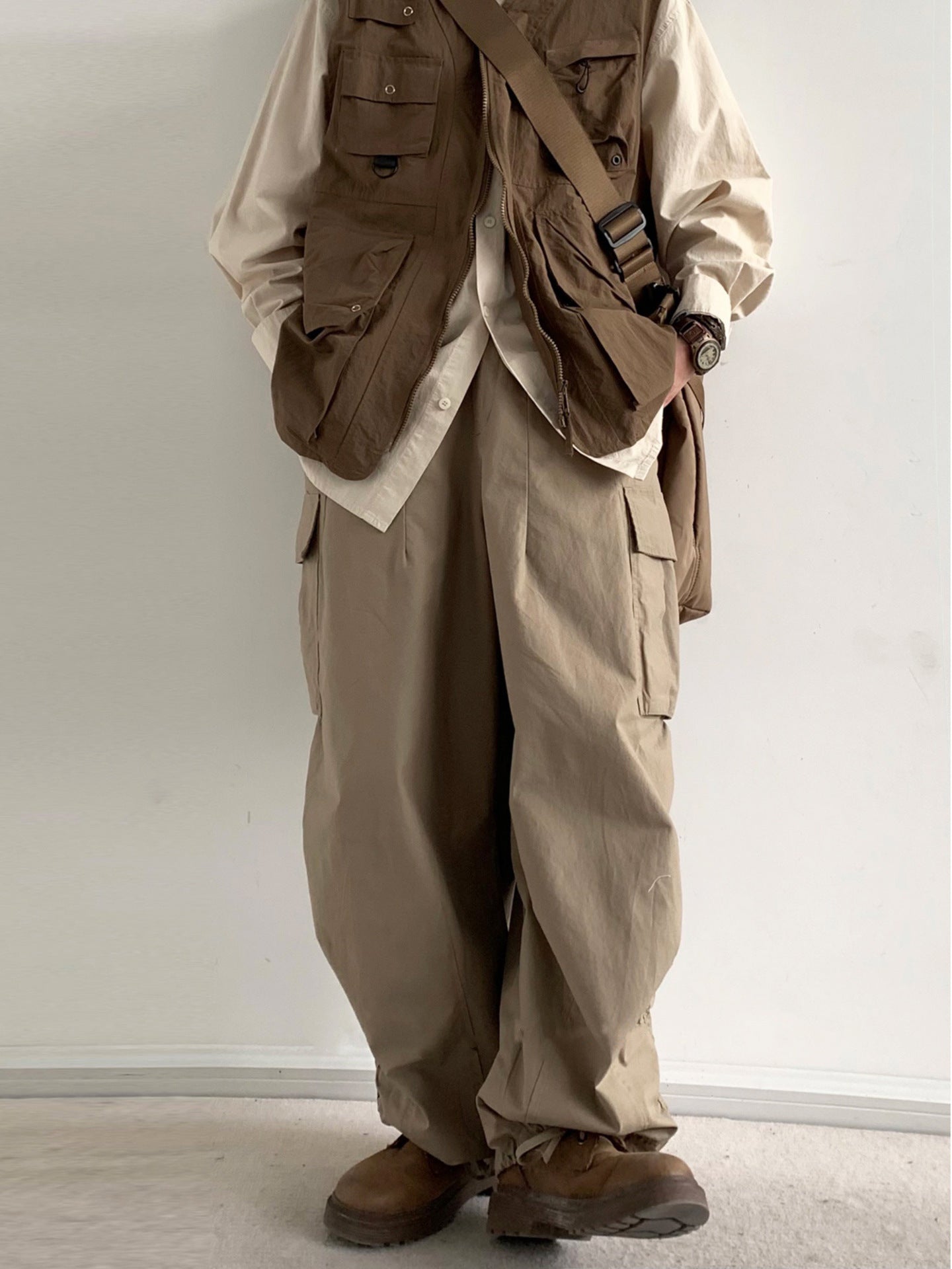 Japanese-style Retro Loose Wide-leg Workwear Trousers Thin