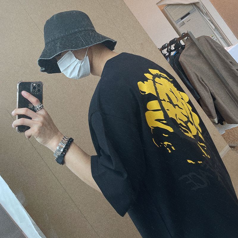 Men's Smiling Face Graffiti Printing Loose-fitting Pure Cotton T-shirt