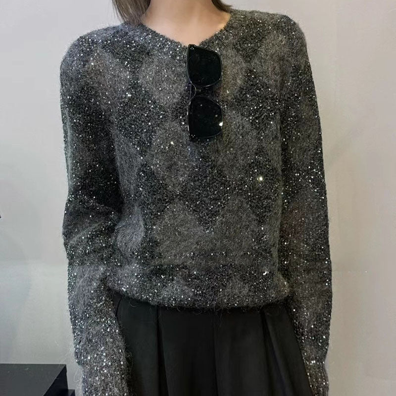 Bead Yarn Rhombus Jacquard Crew Neck Pullover Sweater