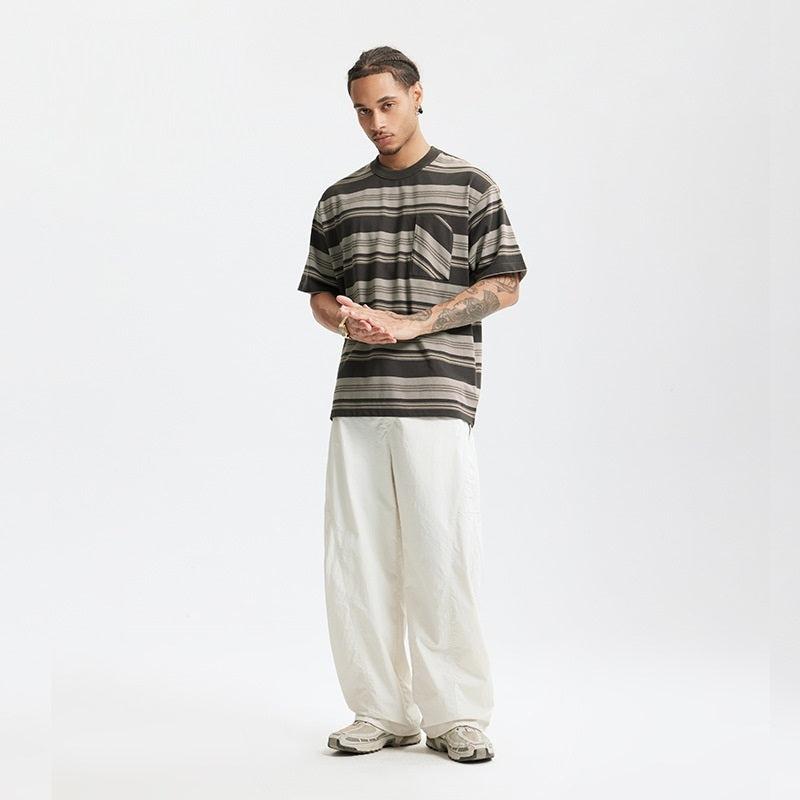 Striped Pocket T-shirt American Style Loose Short Sleeve