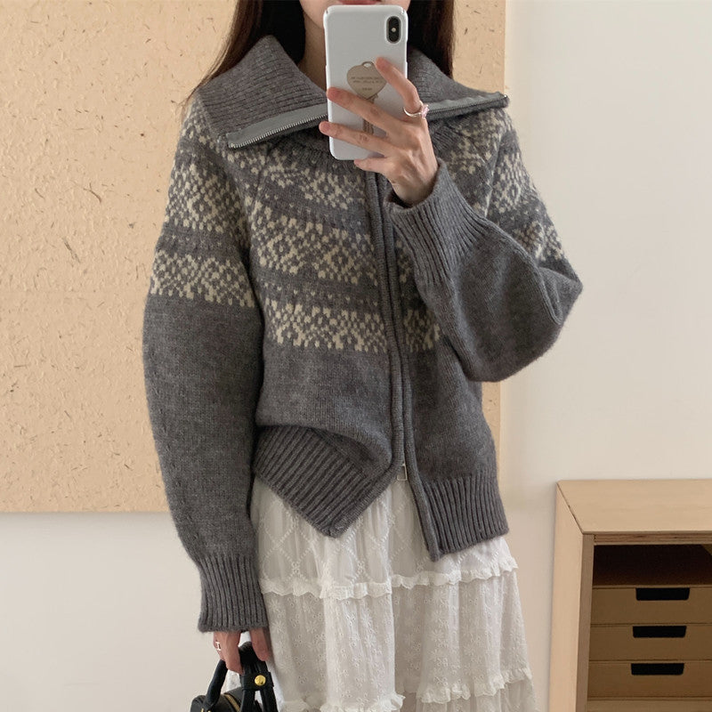 Jacquard Weave Zip Knitted Cardigan Sweater Coat For Women