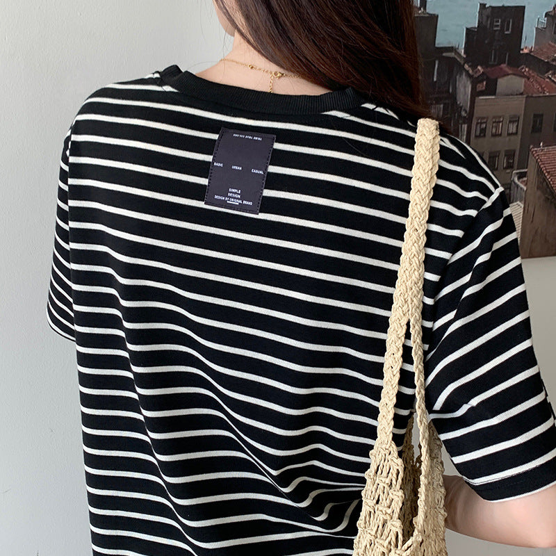 New Korean Style Back Patch Striped Short-sleeved Women's T-shirt