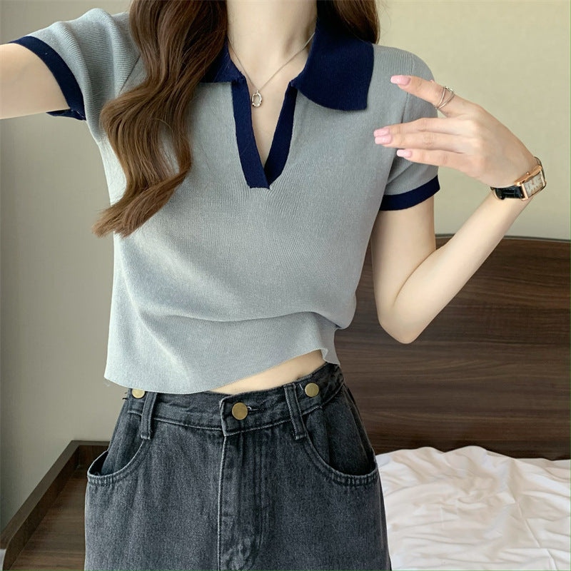 POLO Collar T-shirt Women's Knitted Sweater