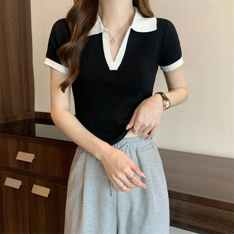 POLO Collar T-shirt Women's Knitted Sweater