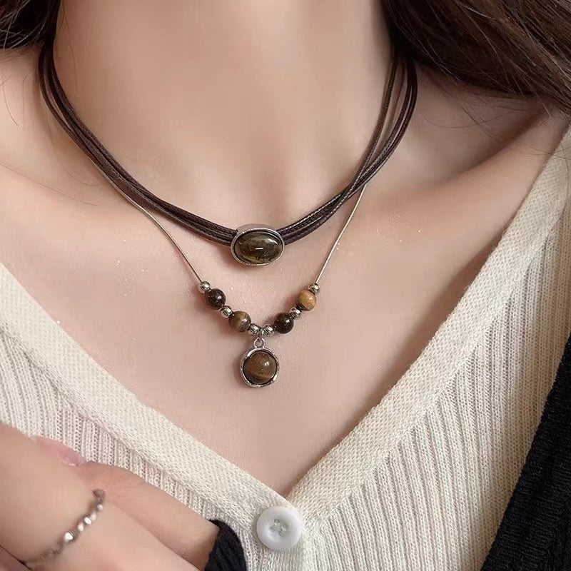 Women's Chinese Retro Leather Tiger Eye Necklace