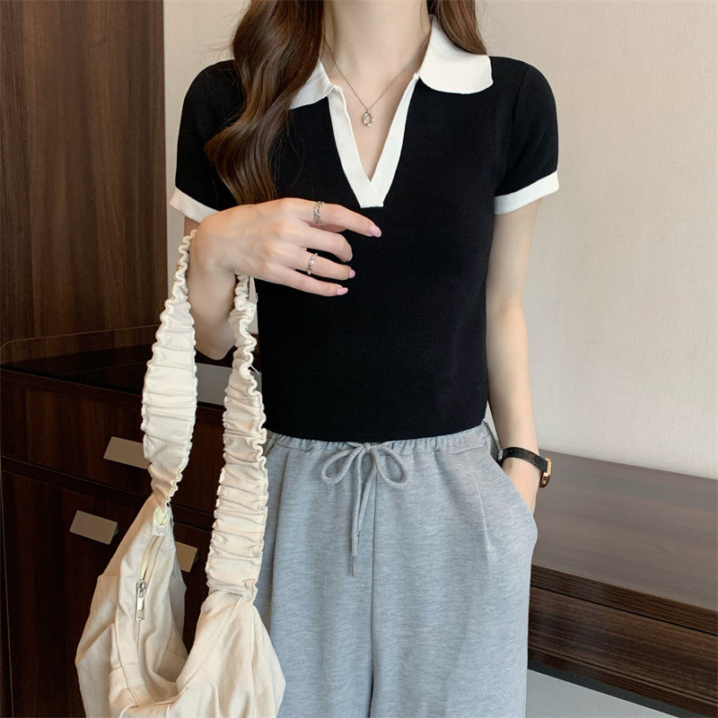 POLO Collar T-shirt Women's Knitted Sweater